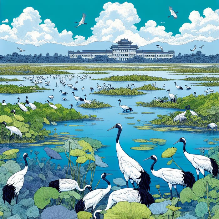 Majestic Palace and Black-necked Cranes in Vibrant Wetland Scene