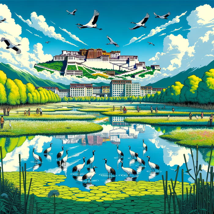 Tranquil Wetland Scene with Potala Palace and Graceful Cranes