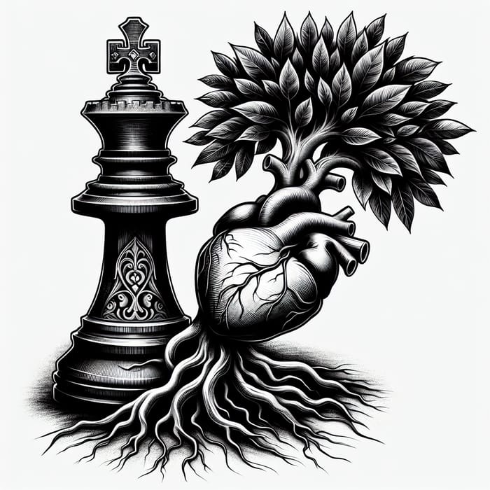 Intricately Carved Chess King Tattoo Design with Tree and Heart