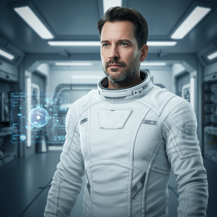 Futuristic Male Space Scientist in White Suit