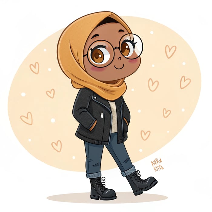 Cute Cartoon Girl in Hijab and Glasses