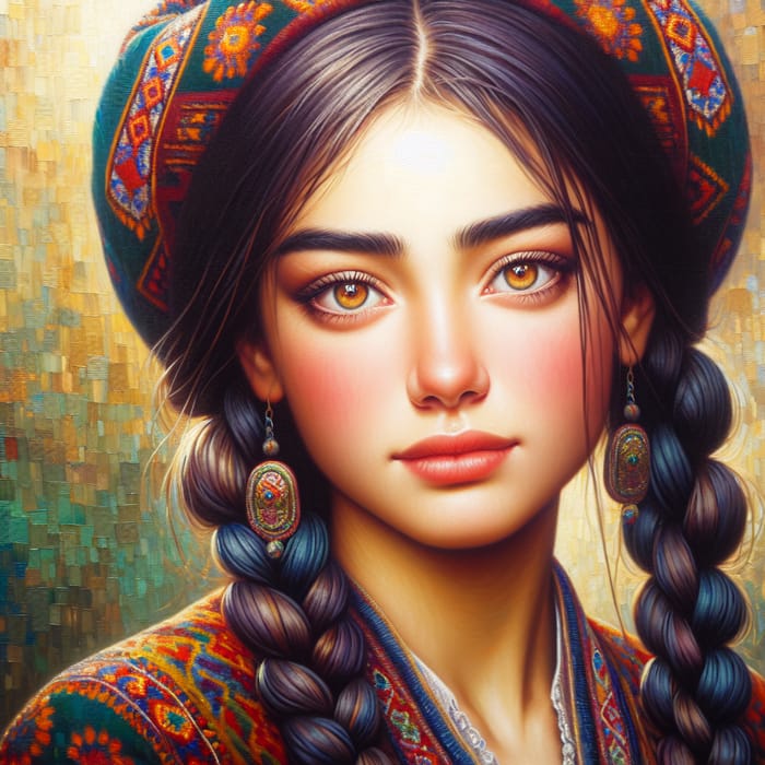 Vibrant Tajik Girl Portrait in Traditional Dress | Oil Painting