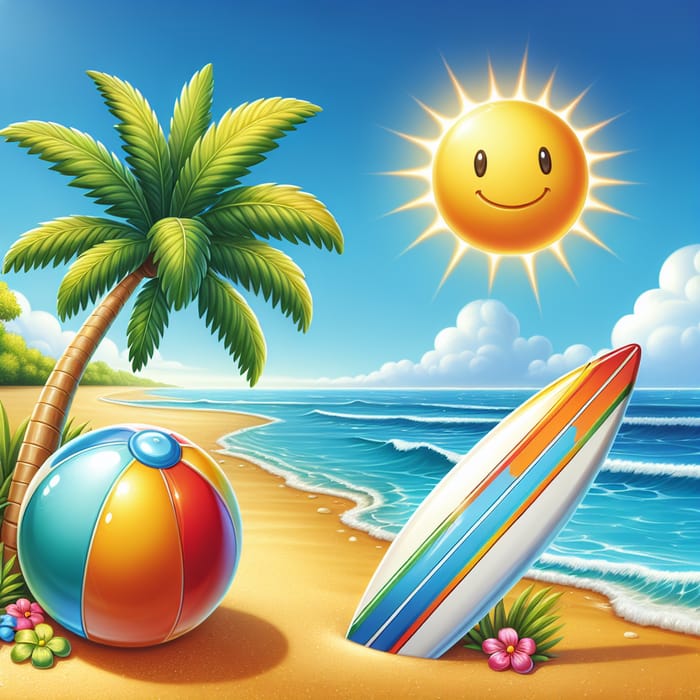 Serene Summer Beach with Ball, Surfboard & Coconut Tree