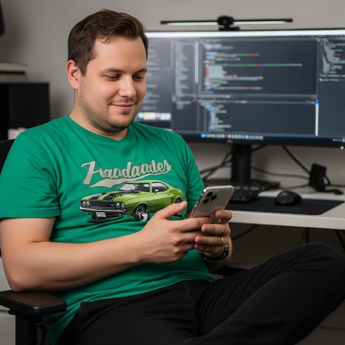 Casual Style: Man in Green Shirt with iPhone 16 Casual Style: Man in Green Shirt with iPhone 16