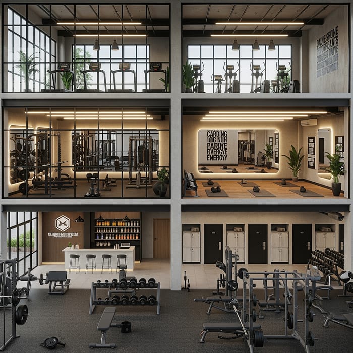 Modern Two-Story Industrial Gym Design Modern Two-Story Industrial Gym Design