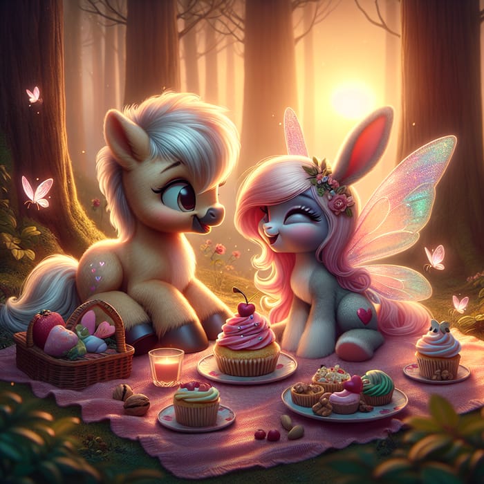 Enchanting Forest Picnic with Pony, Bunny, and Fairy