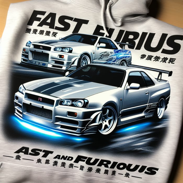 Tuned 1999 Nissan Skyline GT-R R34 Hoodie Print - Silver with Blue Stripes