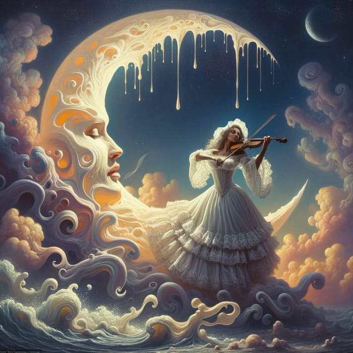 Surreal Moonlit Fantasy: Woman Dances Playing Violin on Crescent Moon