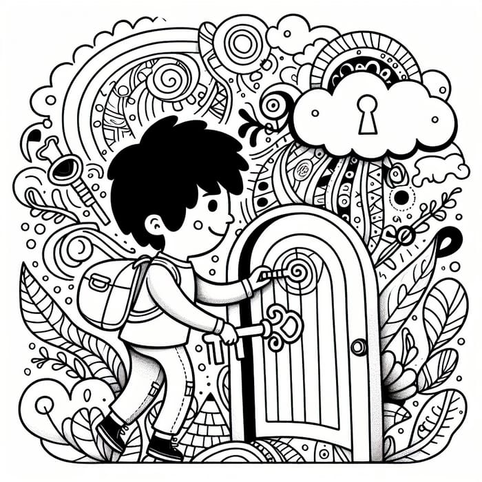 Child Unlocking Imaginary Door Coloring Page - Children's Fantasy