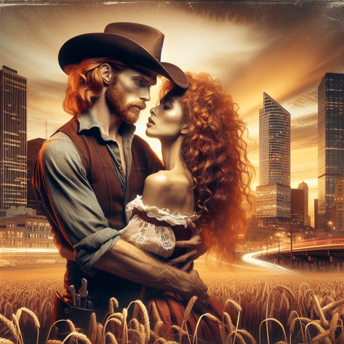 Vintage Romance: Rugged Cowboy Embracing Auburn Beauty in Urban Prairie