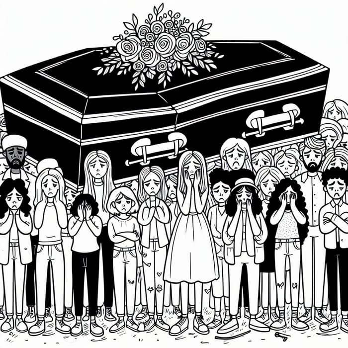 Whimsical Cartoon Coffin Coloring Page with Sad People and Flowers