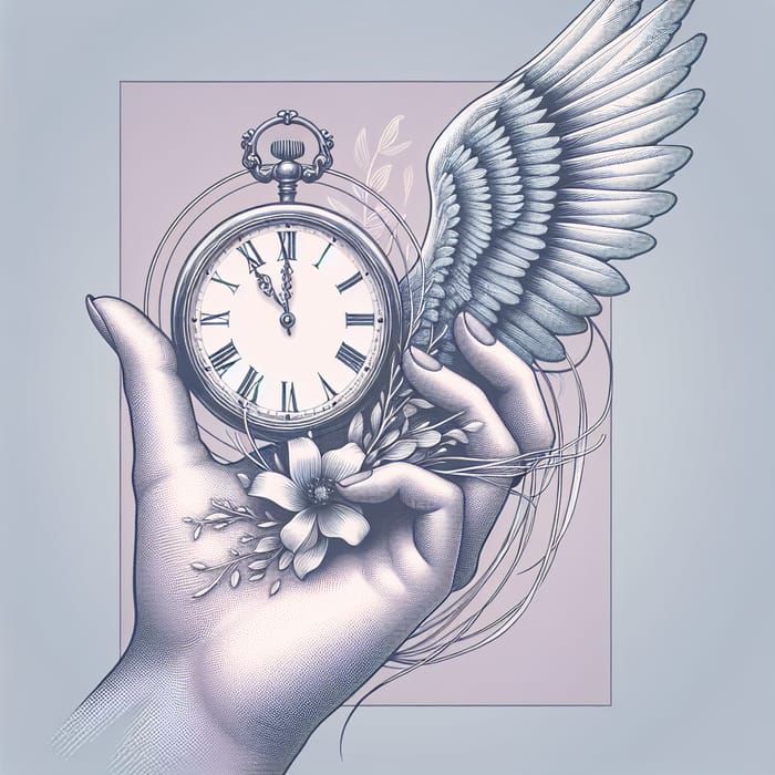 Ethereal Hand Holding Clock with Wings | Surrealistic Contemporary Art