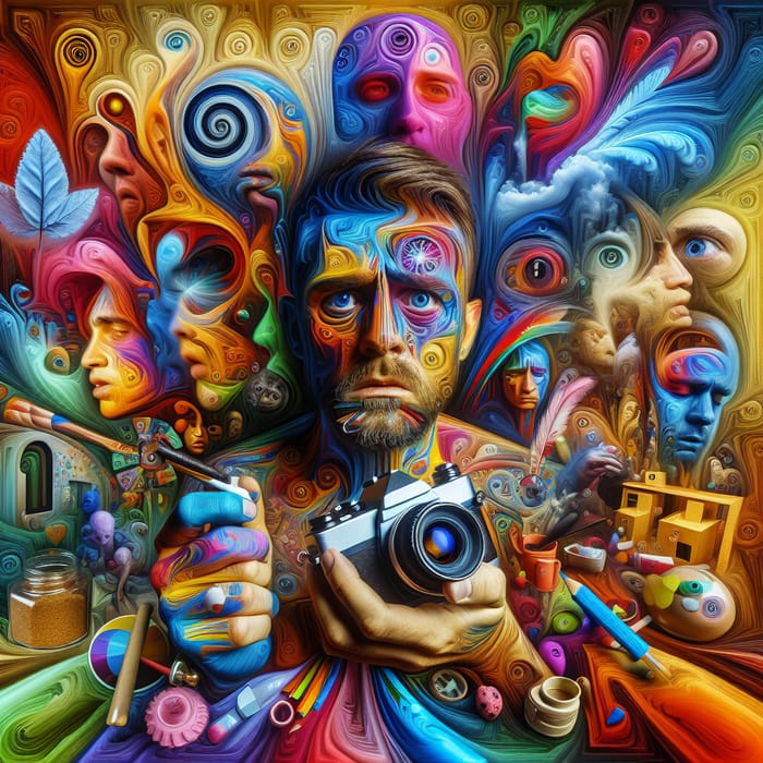 Vibrant Surrealist Artwork: Man's Emotional Struggle & Addictions