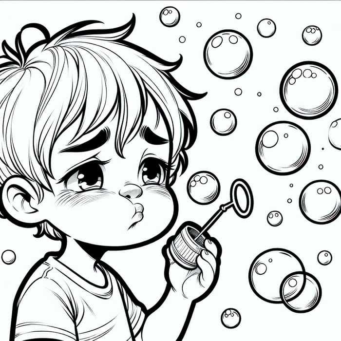 Sad Child Blowing Bubbles | Black and White Coloring Page