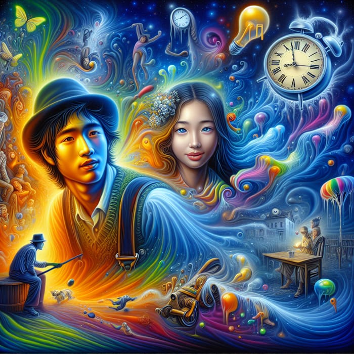 Dreamlike Surrealist Art: Country Boy & City Girl in Vibrant Fusion