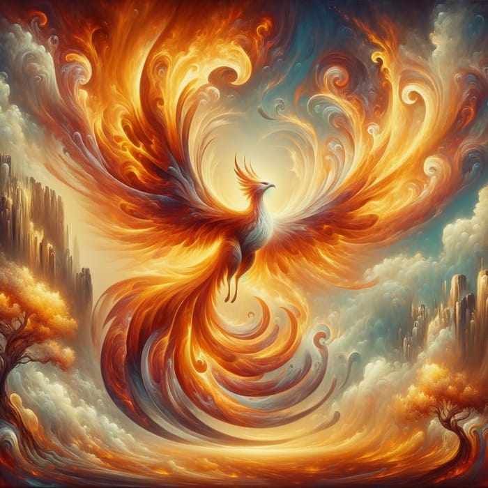 Majestic Phoenix Soaring in Dreamlike Landscape | Fiery Fantasy Art