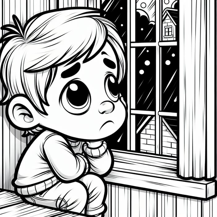 Whimsical Sad Kid Looking Out Window Cartoon Coloring Page