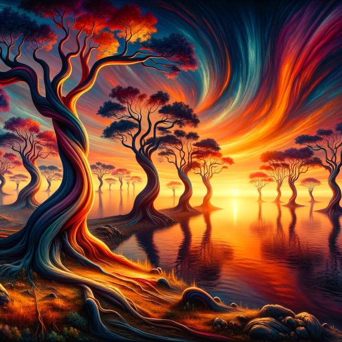 Surreal Dali-inspired Sunset Landscape with Twisted Trees & Vibrant Colors