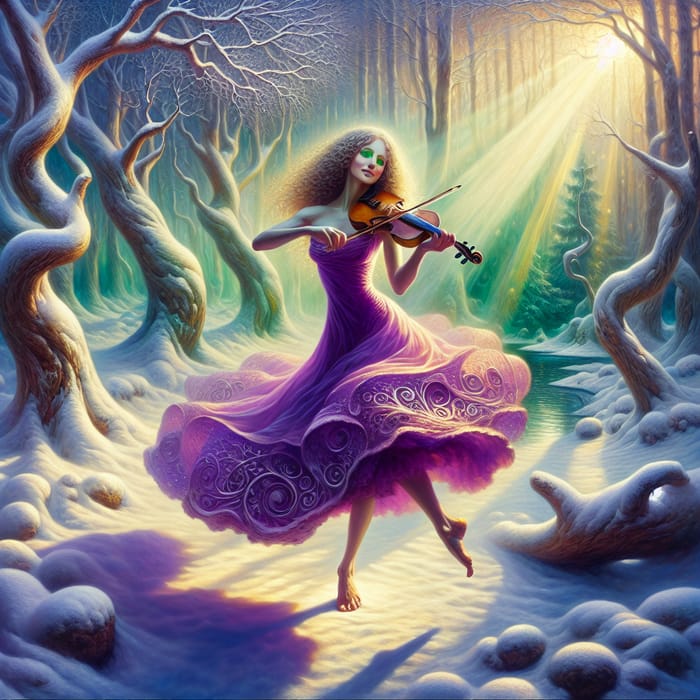 Enchanting Snowy Forest: Woman Dancing with Violin in Surrealism