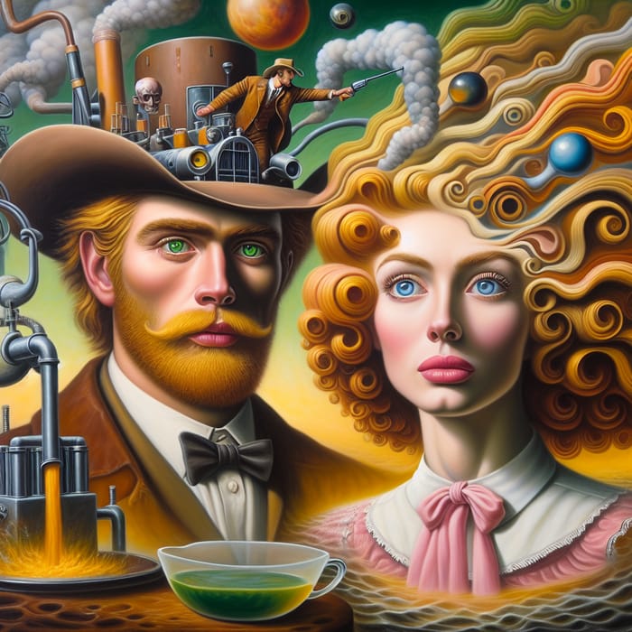 Surrealist Masterpiece: Enchanting Encounter of Cowboy and City Girl