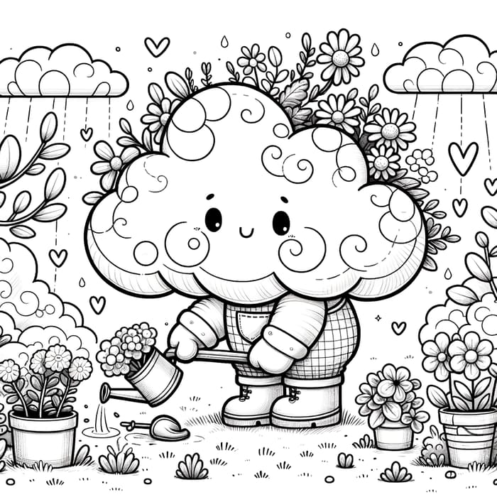 Enchanting Whimsical Cloud Gardening Coloring Page