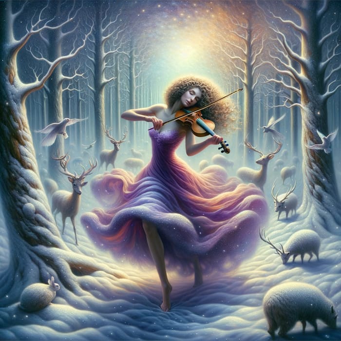 Enchanting Winter Wonderland: Woman Dancing with Violin in Snowy Forest