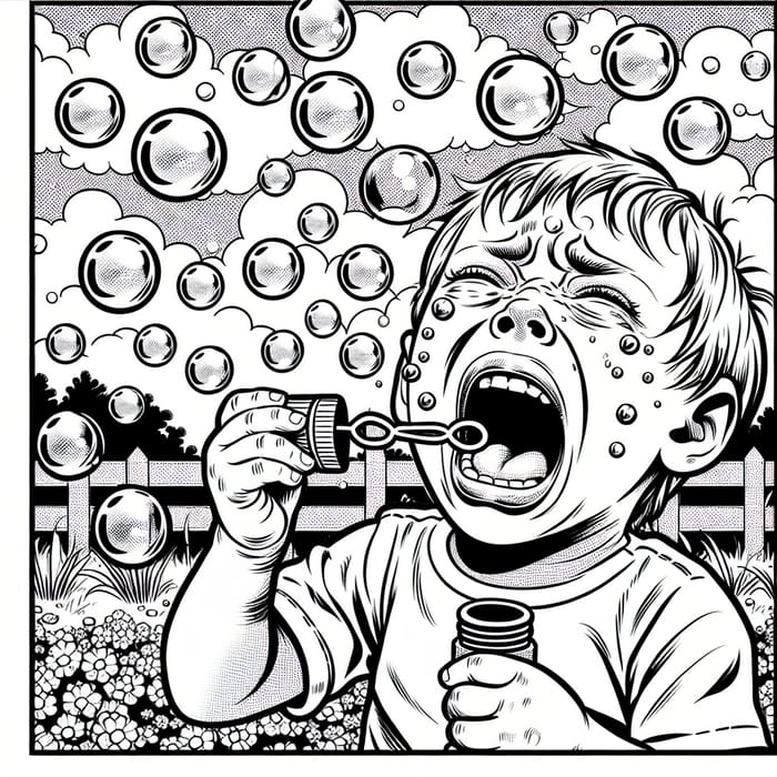 Sad Child Blowing Bubbles - Whimsical Coloring Page Design