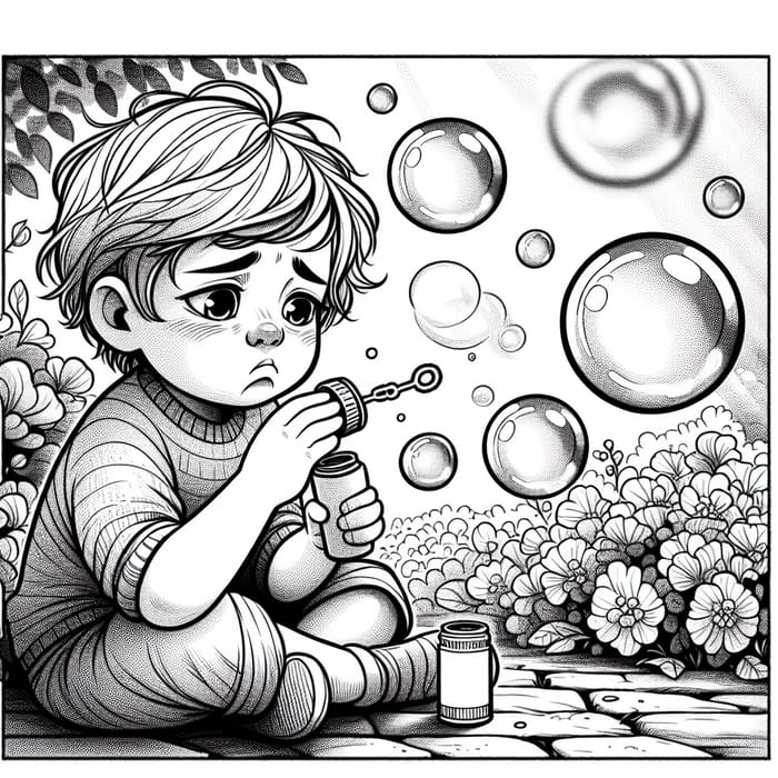 Sad Child Blowing Bubbles: Comic-Like Scene of Innocence