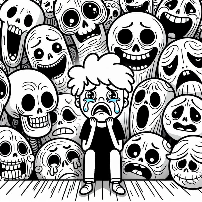 Child Crying Among Cartoon Symbols of Death in Black and White