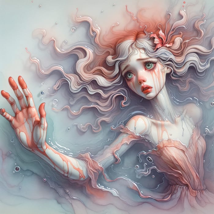 Enchanting Watercolor of a Surreal Drowning Paper Doll