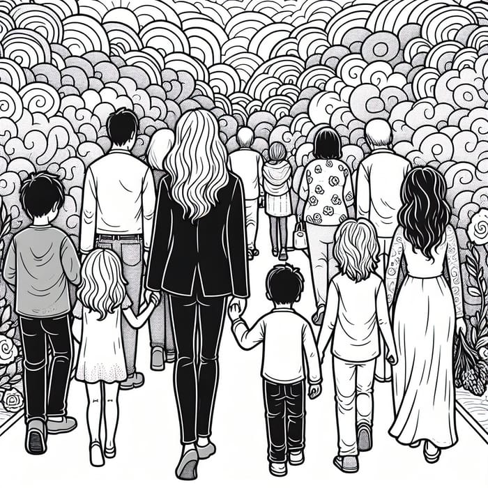 Whimsical Family Walking on Path Coloring Page in Mourning Theme