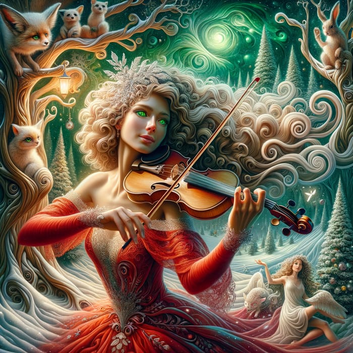 Whimsical Winter Symphony: Woman Plays Violin in Mystical Forest