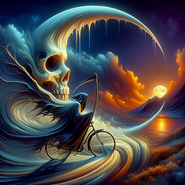 Whimsigoth Grim Reaper Riding Bicycle Under Moonlight | Surreal Art