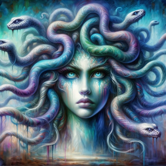 Captivating Portrait of Medusa: Surrealism in Deep Blues and Vivid Greens