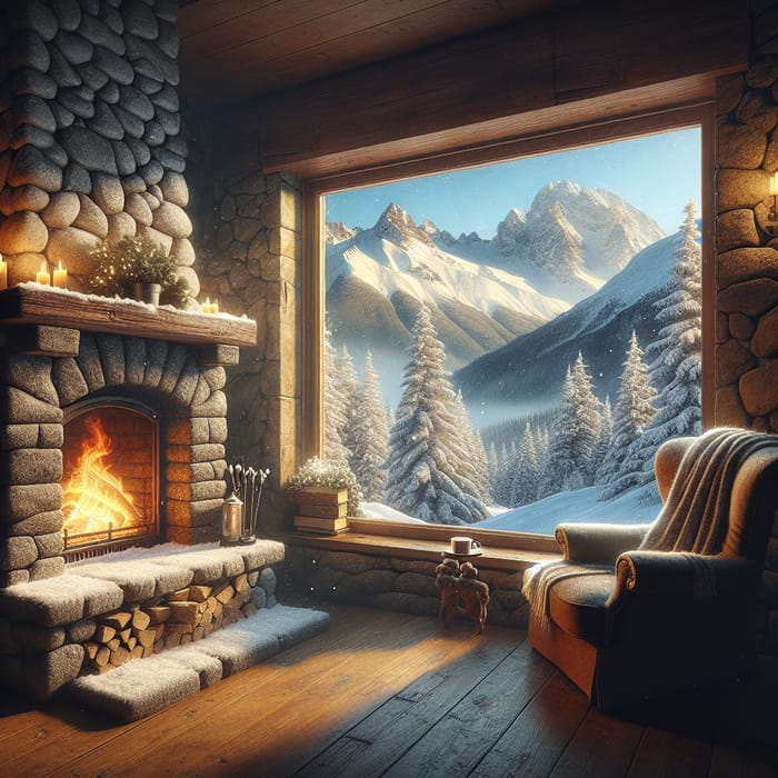 Cozy Fireplace with Snowy Mountain View | Winter Retreat