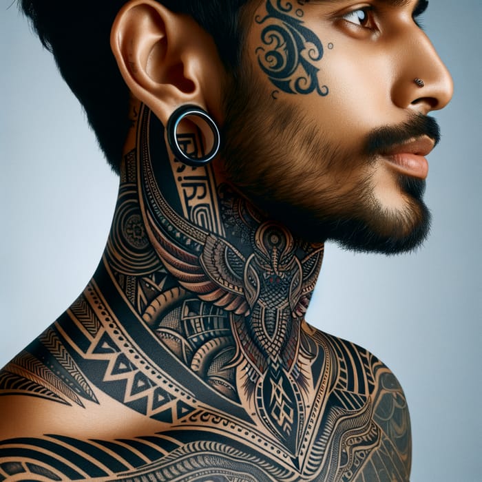 Intricate South Asian Male Neck Tattoo in 4K Resolution