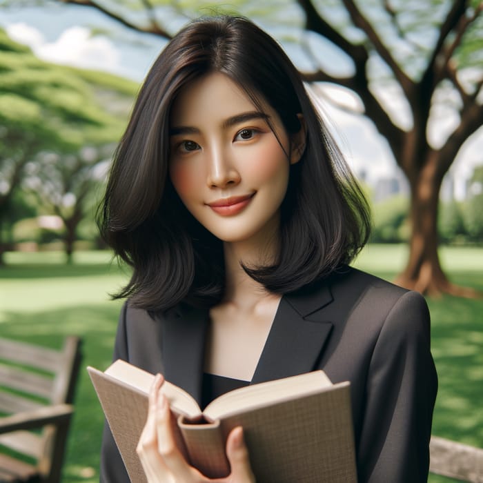 Elegant Asian Woman Reading Book in Peaceful Park