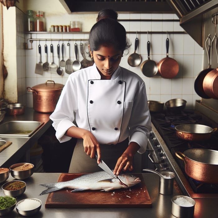 Professional South Indian Female Chef Cutting Fresh Fish in Seafood Kitchen