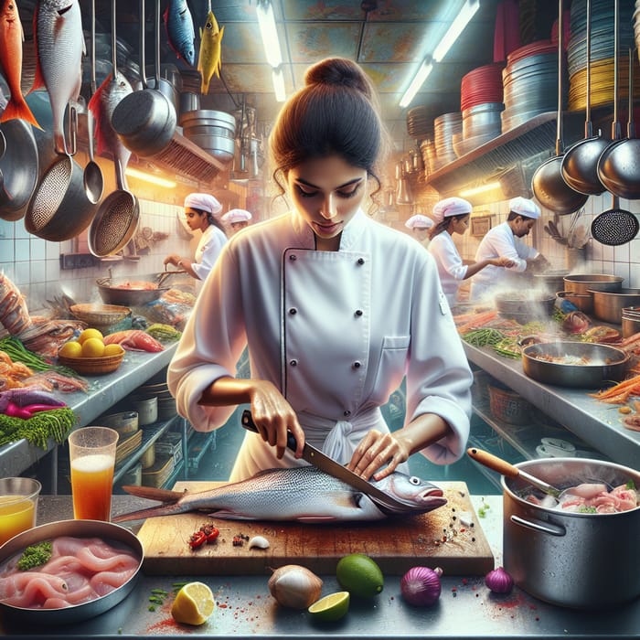 South Indian Female Chef Skillfully Filleting Fresh Fish