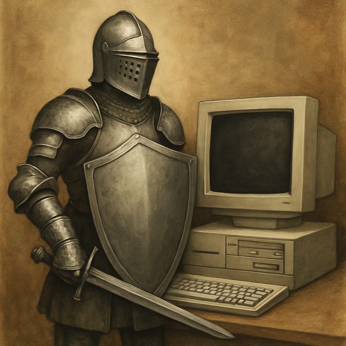 Knight Guarding Computer: Cybersecurity Hero