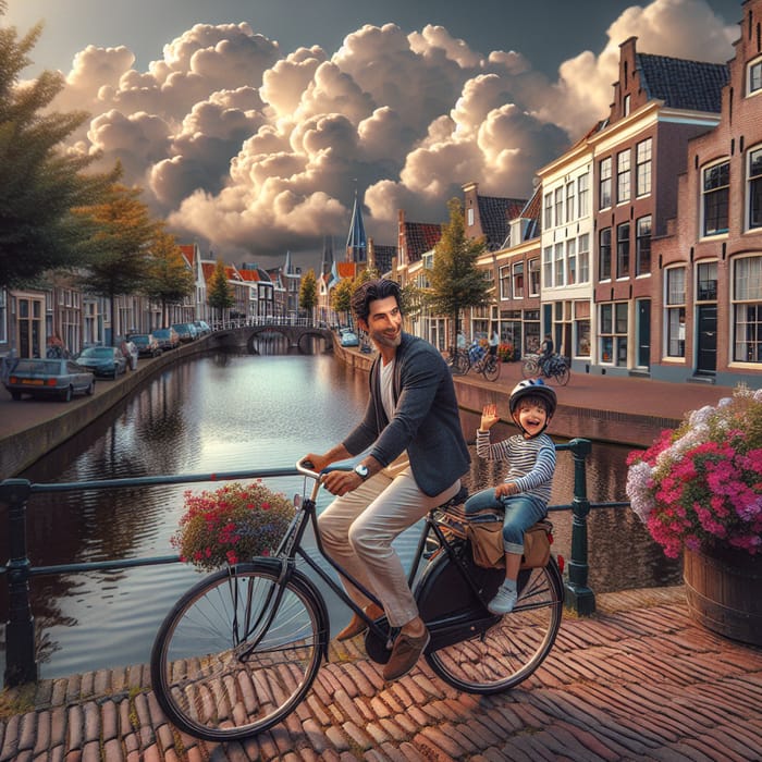 Father and Son Cycling in Charming Delft, A Beautiful Scene