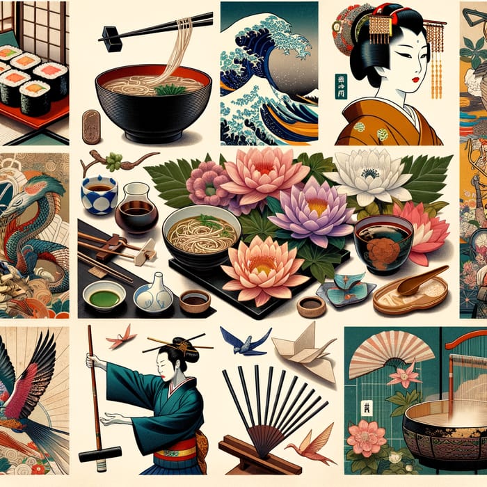 Vibrant Japanese Culture Collage: Sushi, Ramen, Ukiyo-e, Kabuki & More