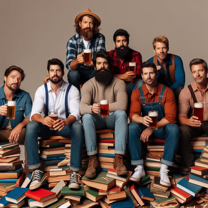 Seven Men in Various Outfits Sitting at Table with Books and Beer