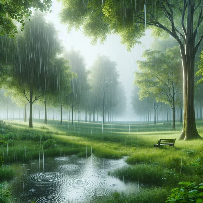 Rainy Day Serenity in Lush Meadow - Nature Landscape View