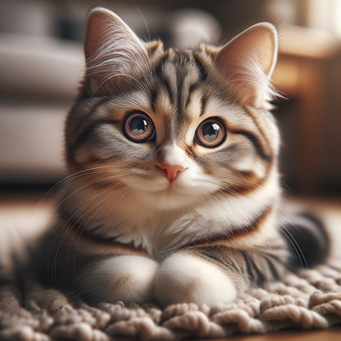 Adorable Domestic Cat Resting on Plush Rug