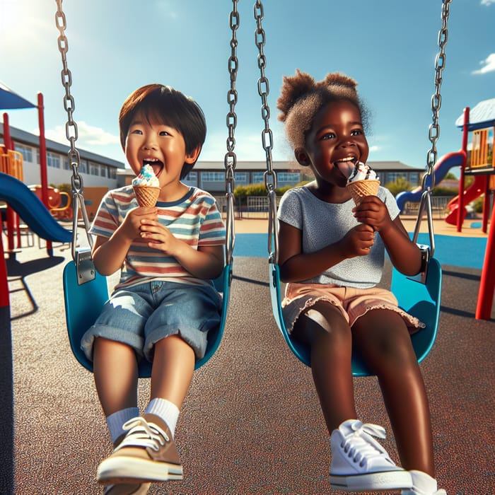 Kindergarten Playground: Children Enjoying Ice Cream on Swing Set