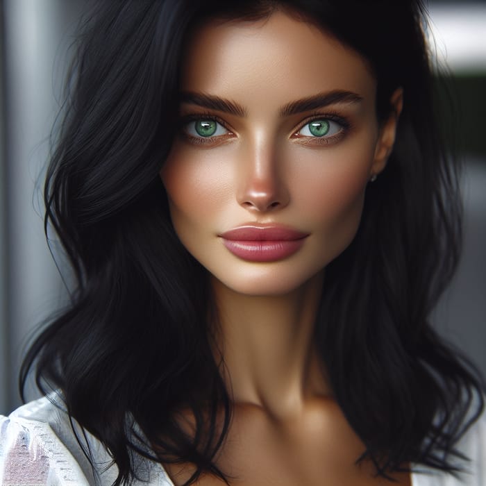 Captivating Woman with Green Eyes and Black Hair | Gazing Serenely in the Distance