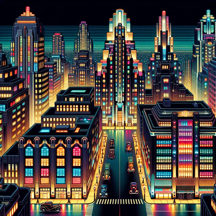 Art Deco Cityscape Night: A Glowing Urban Symphony