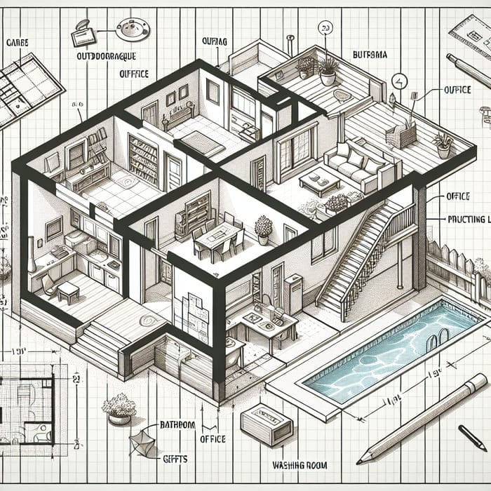 Spacious Two-Storied House Floor Plan with Garage, Pool, Kitchen & More