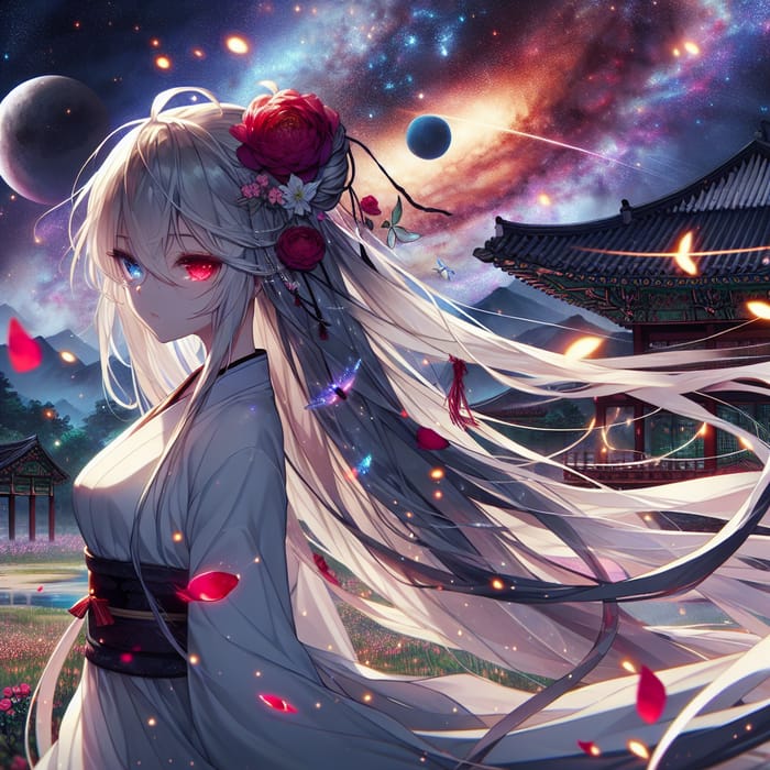 Anime Girl: Tranquil Beauty Amidst Galaxy and Fireflies